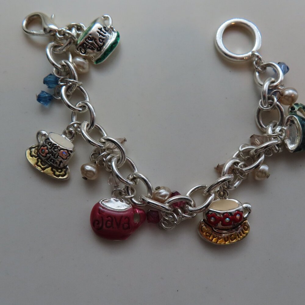 7 1/2" Silver Finish Charm Bracelet with Coffee Cup Charms
